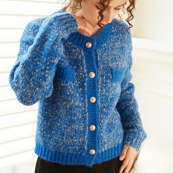 Blue Casual Womens Knit Mix Marled Knit Drop Shoulder Cardigan - Picture 6 of 6